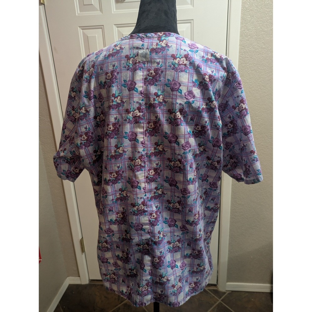 Disney Mickey Minnie Mouse Floral Plaid Scrub Top Purple V-Neck Large DW1470 - Picture 2 of 7